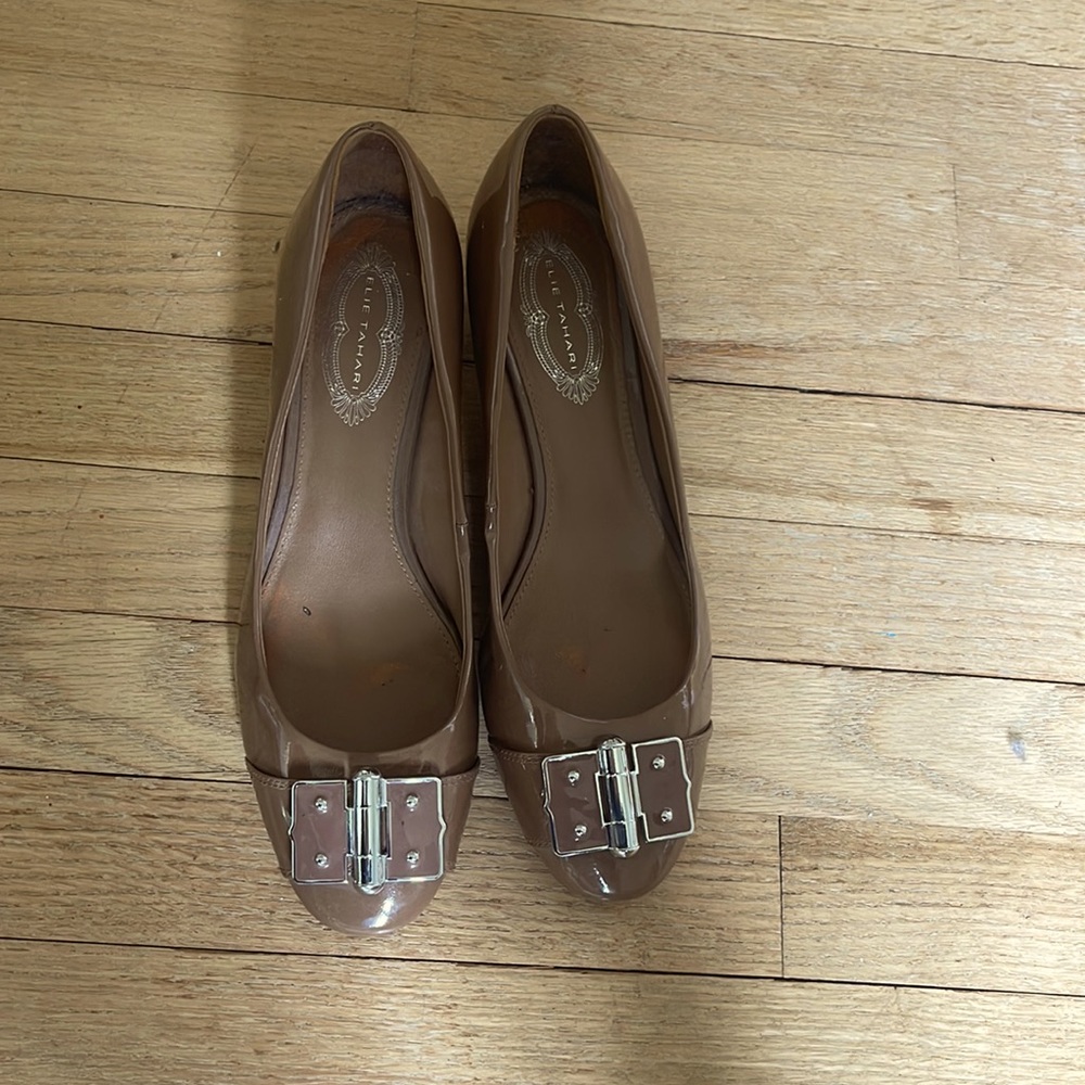 Eli Tahari Patent Pumps in Taupe with Buckle